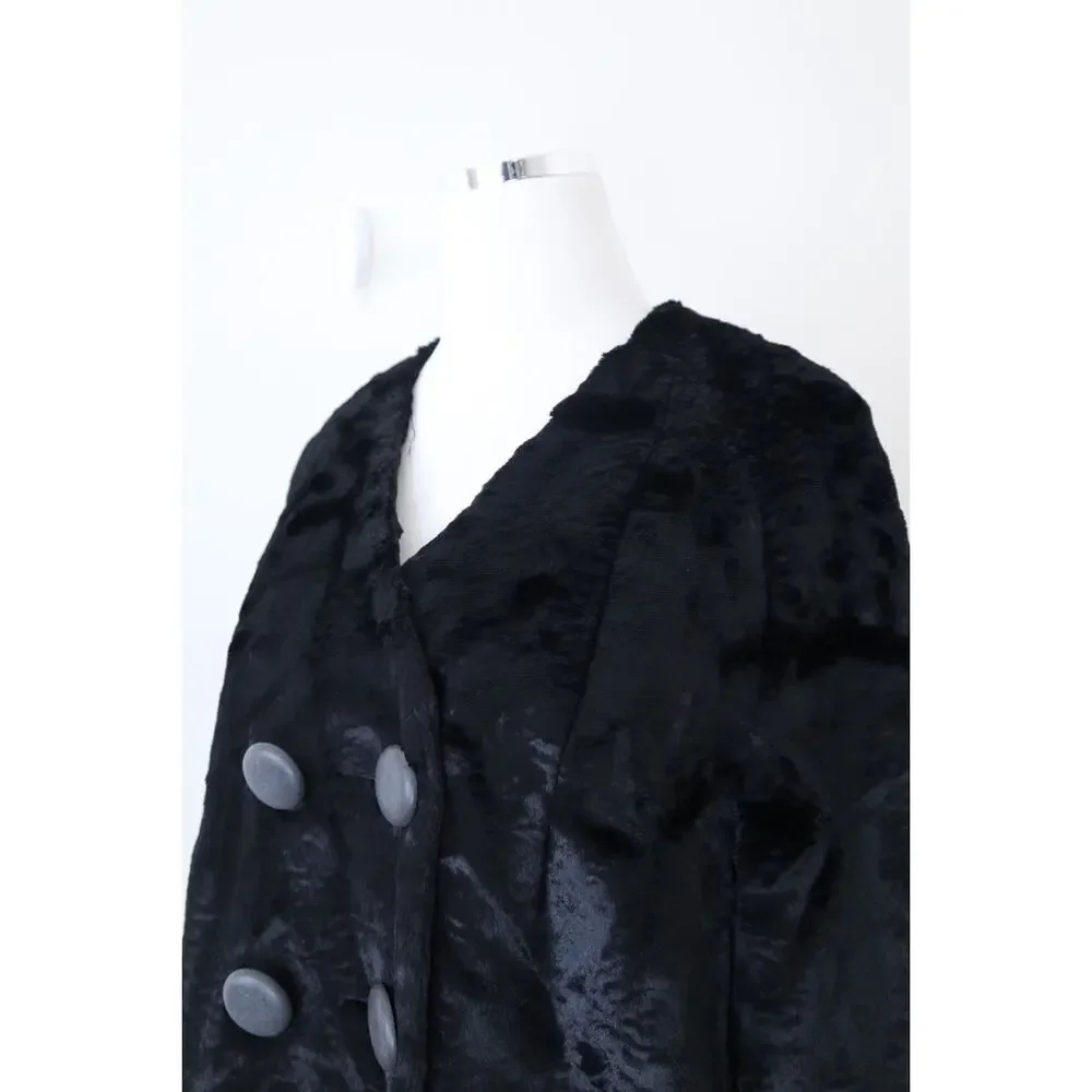 Vintage 1960s Styled By Winter Size L Faux Fur Teddy Coat Double Breasted Black